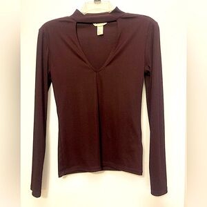 H&M Dark Purple Blouse Choker Neck Long Sleeve Deep V